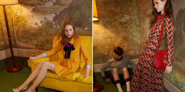 Gucci reklama - vľavo modelka v žltej sukni, vpravo modelka vo vzorovaných šatoch